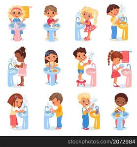 Kids washing hands. Happy children observe hygiene, boys and girl stand at sinks, soaped and disinfected hands, virus protection. Hygiene rules in kindergarten, vector cartoon flat style isolated set. Kids washing hands. Happy children observe hygiene, boys and girl stand at sinks, soaped and disinfected hands, virus protection. Hygiene rules, vector cartoon flat isolated set