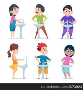 Kids washing hands. Hygiene for children baby bathing cleaning hands exact vector cartoon characters. Illustration children wash hand, health washing and cleaning. Kids washing hands. Hygiene for children baby bathing cleaning hands exact vector cartoon characters