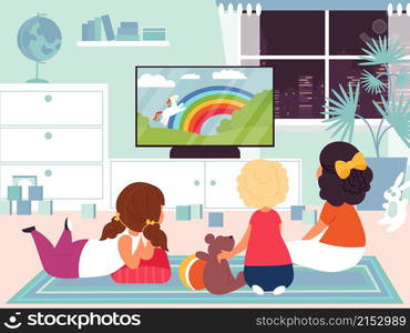 Kids watching tv. Child television, children in room watch movie or cartoon together. Home cinema technology and friendship decent vector illustration. Children watching cartoon film sitting before tv. Kids watching tv. Child television, children in room watch movie or cartoon together. Home cinema technology and friendship decent vector illustration