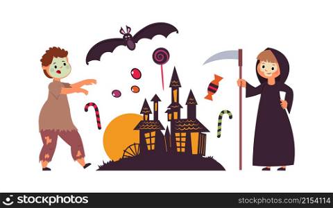 Kids wear Halloween costumes. Zombie boy, girl looks like death. Scary house silhouette, holiday sweets. Trick or treat vector concept. Illustration halloween party, spooky cartoon. Kids wear Halloween costumes. Zombie boy, girl looks like death. Scary house silhouette, holiday sweets. Trick or treat vector concept