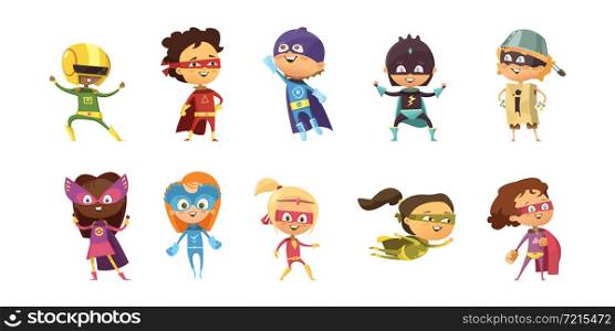 Kids wearing colorful costumes of different superheroes retro set isolated on white background cartoon vector illustration. Kids Supeheroes Retro Set