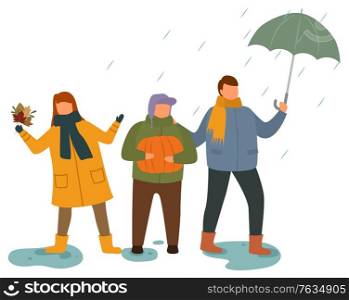 Kids wearing warm clothes playing outdoors vector. Isolated boy and girl holding maple leaves standing in puddles. Children spending time in rainy weather. Pupil holding umbrella in hands illustration. Children Playing Outdoors in Rainy Weather Vector