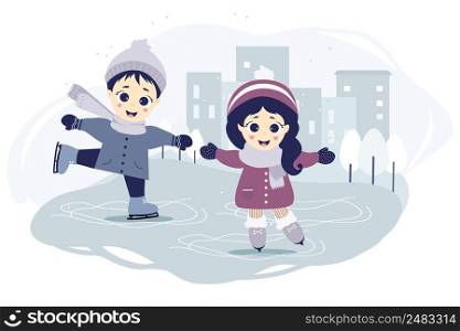 kids winter. A boy and a girl are skating on a skating rink in the city on a blue background with a cityscape, houses and trees. Winter sport and entertainment. Vector illustration 