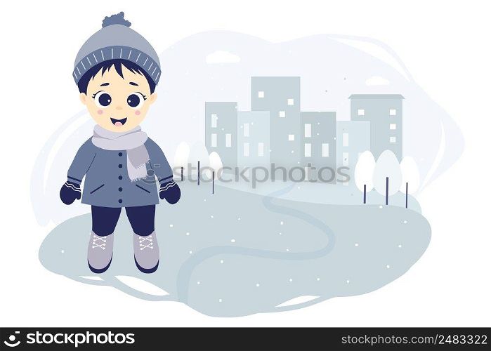 kids winter. A cute boy on a winter walk in the city stands on a blue background with houses, trees and snowflakes. Vector illustration. Collection for design, postcards and posters, print and decor