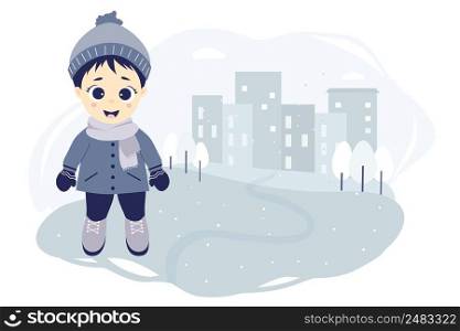 kids winter. A cute boy on a winter walk in the city stands on a blue background with houses, trees and snowflakes. Vector illustration. Collection for design, postcards and posters, print and decor