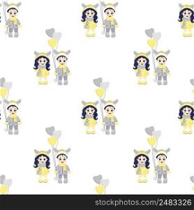 Kids winter. Seamless patterns. Children - boy and girl with deer antlers on their heads and with balloons in winter clothes on a white background. Vector . For Christmas and winter design