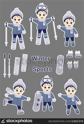 Kids winter. Set of stickers - Cute boy is skiing, skating and snowboarding in different poses. Winter sports. Vector illustration. Childrens collection for postcards, design and print