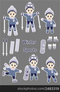 Kids winter. Set of stickers - Cute boy is skiing, skating and snowboarding in different poses. Winter sports. Vector illustration. Childrens collection for postcards, design and print