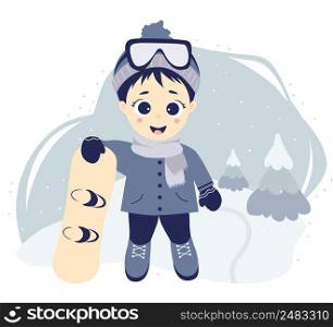 Kids winter. Winter sport and Boy athlete with a snowboard on a background with a winter landscape, fir trees and snow. Vector illustration. Kids collection for design, postcards, posters and printk