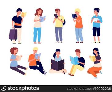 Kids with book. School girls and boys read books. Pupils with textbooks. Little readers isolated vector cartoon characters. Illustration boy and girl read book, reading schoolchild. Kids with book. School girls and boys read books. Pupils with textbooks. Little readers isolated vector cartoon characters