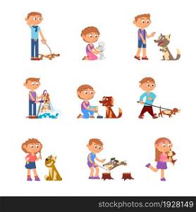 Kids with dog. Pets playing, animal owner characters. Children walk, bath and training with puppy. Best friends, cartoon child decent vector set. Illustration of boy girl with dog walk and play. Kids with dog. Pets playing, animal owner characters. Children walk, bath and training with puppy. Best friends, cartoon child decent vector set