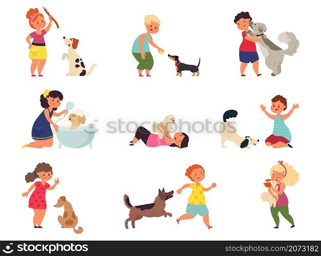 Kids with dogs. Pet playing, girl boy petting dog. Children play puppy, feeding walking cartoon domestic animals decent vector collection. Kids playing with dog, child hugging pet illustration. Kids with dogs. Pet playing, girl boy petting dog. Children play puppy, feeding walking cartoon domestic animals decent vector collection