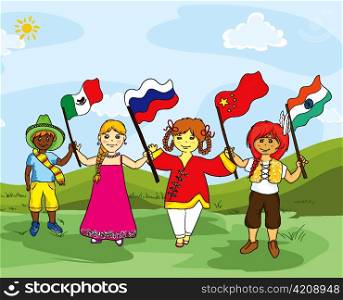 kids with flags vector illustration