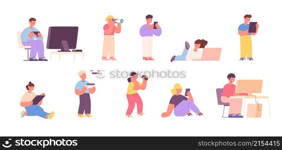Kids with gadgets. Cartoon computer gamer, isolated children with tablet and digital device. Smiling kid using smartphone, utter vector characters. Illustration of character child with gadget. Kids with gadgets. Cartoon computer gamer, isolated children with tablet and digital device. Smiling kid using smartphone, utter vector characters