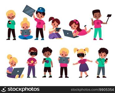 Kids with gadgets. Cute funny children use electronic devices, smartphones and tablets, girl and boys with laptops, phones and virtual reality glasses, addicted to gadgets vector cartoon isolated set. Kids with gadgets. Cute funny children use electronic devices, smartphones and tablets, girl and boys with laptops, phones and vr glasses, addicted to gadgets vector cartoon isolated set