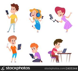 Kids with gadgets. Little persons holding smartphones and tablet using pc or notebook learning devices smart technology exact vector flat pictures set. Child with smartphone and gadget illustration. Kids with gadgets. Little persons holding smartphones and tablet using pc or notebook learning devices smart technology exact vector flat pictures set
