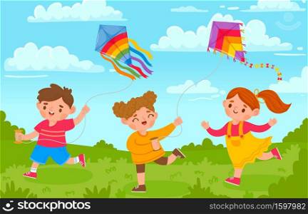 Kids with kites. Boy and girl outside playing with flying toy in park. Cartoon children and kite in wind sky. Summer activity vector concept. Colored kite and playing on green meadow illustration. Kids with kites. Boy and girl outside playing with flying toy in park. Cartoon children and kite in wind sky. Summer activity vector concept