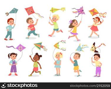 Kids with kites. Happy children play with color kites, different design flying toys, funny boys and girls with wind controlled toy, outdoor active summer games, vector cartoon flat style isolated set. Kids with kites. Happy children play with color kites, different design flying toys, funny boys and girls, outdoor active summer games, vector cartoon flat style isolated set