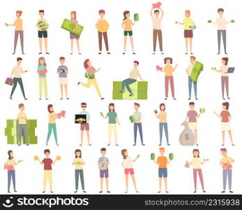 Kids with money icons set cartoon vector. Save children. Bank boy. Kids with money icons set cartoon vector. Save children