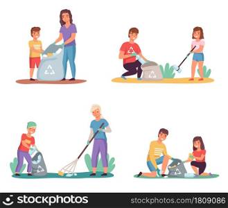 Kids with parents sort garbage. Clean up trash outdoor, lay out color containers, nature caring, environmental pollution. Volunteers teamwork caring nature. Vector cartoon flat style isolated set. Kids with parents sort garbage. Clean up trash outdoor, lay out color containers, nature caring, environmental pollution. Volunteers teamwork caring nature. Vector cartoon isolated set