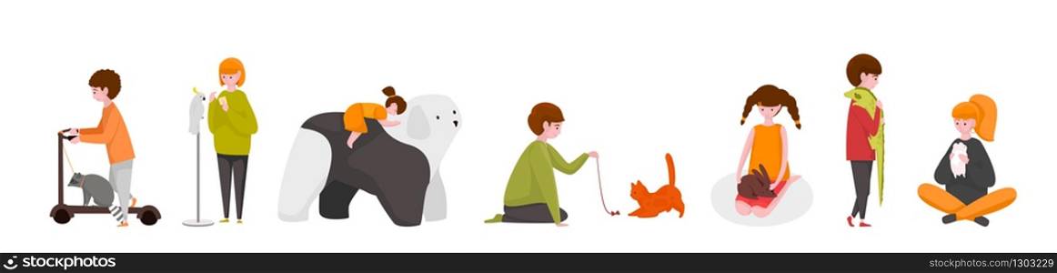 Kids with pets. Happy cartoon children characters with adopted home animals, cute kids playing with their pets. Vector isolated set image smiling children petting animals. Kids with pets. Happy cartoon children characters with adopted home animals, cute kids playing with their pets. Vector isolated set
