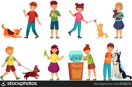 Kids with pets. Kid hug pet, child love animals and playing with dog or cute cat cartoon vector illustration set