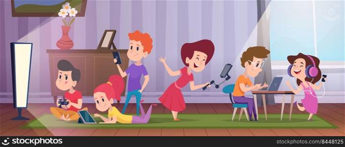 Kids with smartphone. Little persons relaxing at home holding smart gadgets laptop and pc exact vector cartoon background. Illustration of kid with smartphone, child and gadgets. Kids with smartphone. Little persons relaxing at home holding smart gadgets laptop and pc exact vector cartoon background