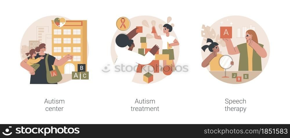 Kids with special needs help abstract concept vector illustration set. Autism treatment in learning disability center, speech therapy, development delay, behavior disorder analysis abstract metaphor.. Kids with special needs help abstract concept vector illustrations.