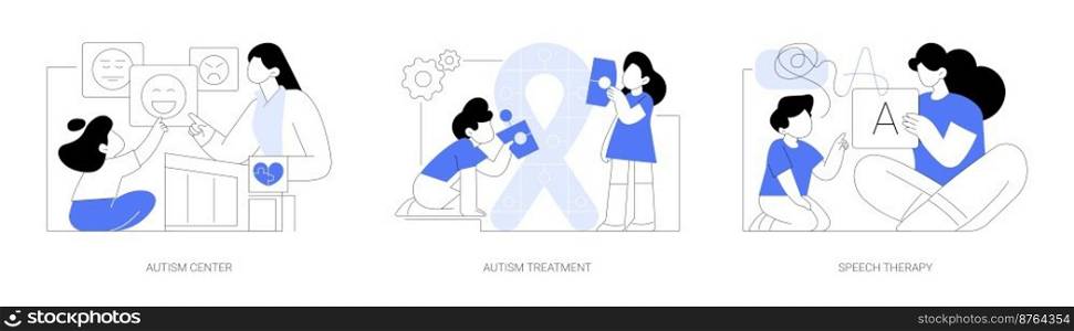 Kids with special needs help abstract concept vector illustration set. Autism treatment in learning disability center, speech therapy, development delay, behavior disorder analysis abstract metaphor.. Kids with special needs help abstract concept vector illustrations.