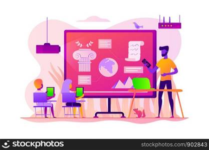 Kids with tablets studying historical events in classroom, tiny people. History lessons, history flipped class, history tutoring for kids concept. Vector isolated concept creative illustration.. History lessons concept vector illustration.