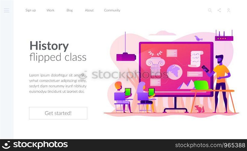 Kids with tablets studying historical events in classroom, tiny people. History lessons, history flipped class, history tutoring for kids concept. Website homepage header landing web page template.. History lessons landing page template.