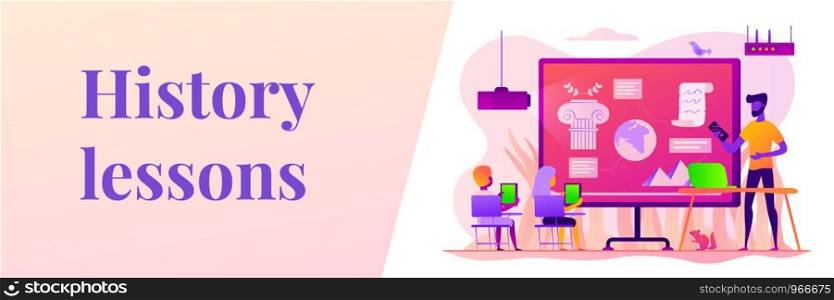 Kids with tablets studying historical events in classroom, tiny people. History lessons, history flipped class, history tutoring for kids concept. Header or footer banner template with copy space.. History lessons web banner concept..
