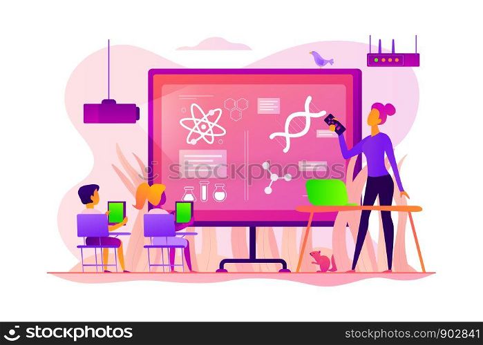 Kids with tablets studying science in classroom with teacher, tiny people. Science lessons, science flipped class, blended learning for kids concept. Vector isolated concept creative illustration.. Science lessons concept vector illustration.