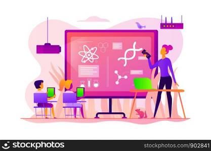 Kids with tablets studying science in classroom with teacher, tiny people. Science lessons, science flipped class, blended learning for kids concept. Vector isolated concept creative illustration.. Science lessons concept vector illustration.