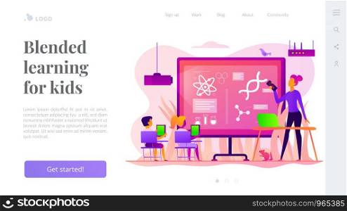 Kids with tablets studying science in classroom with teacher, tiny people. Science lessons, science flipped class, blended learning for kids concept. Website homepage header landing web page template.. Science lessons landing page template.