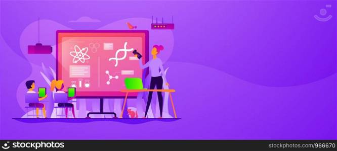 Kids with tablets studying science in classroom with teacher, tiny people. Science lessons, science flipped class, blended learning for kids concept. Header or footer banner template with copy space.. Science lessons web banner concept..