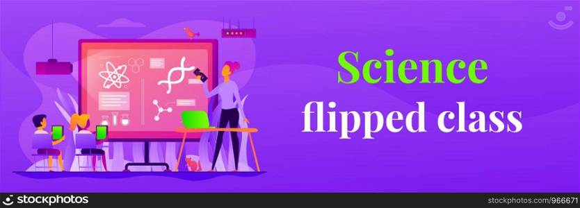 Kids with tablets studying science in classroom with teacher, tiny people. Science lessons, science flipped class, blended learning for kids concept. Header or footer banner template with copy space.. Science lessons web banner concept..
