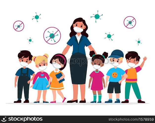 Kids with teacher with masks. Pedagogue and children wearing medic protective mask and viruses around. Stop the spread Covid-19 virus in school, beware epidemic cartoon flat vector illustration. Kids with teacher with masks. Pedagogue and children wearing medic protective mask and viruses around. Stop the spread Covid-19 in school, beware epidemic flat vector illustration