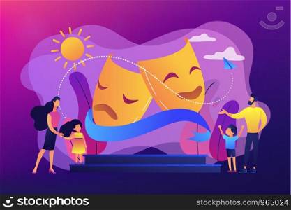 Kids with tutors enjoy acting on theater stage outside, tiny people. Theater camp, summer acting program, young actor courses concept. Bright vibrant violet vector isolated illustration. Theater camp concept vector illustration.