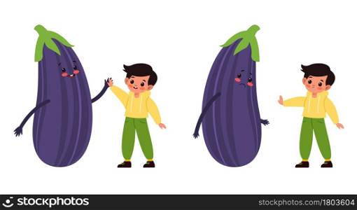 Kids with vegetables. Small children and big eggplants. Happy and unhappy boy with healthy food. Dairy vegetarian organic meal. Vitamin and nutrition for pupils. Vector cartoon isolated illustration. Kids with vegetables. Small children and big eggplants. Happy and unhappy boy with healthy food. Dairy vegetarian organic meal. Vitamin and nutrition. Vector cartoon isolated illustration