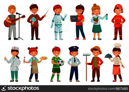 Kids workers. Child professional uniform, policeman kid and baby job professions. Children character teacher, doctor and astronaut job professional play. Cartoon isolated vector icons set. Kids workers. Child professional uniform, policeman kid and baby job professions cartoon vector set