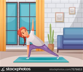 Kids yoga at home background with training symbols cartoon vector illustration