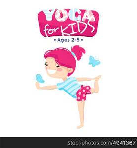 Kids Yoga Classes Colorful Logo Illustration. Online yoga classes for little children in blue pink cartoon style logo with smiling kid abstract vector illustration