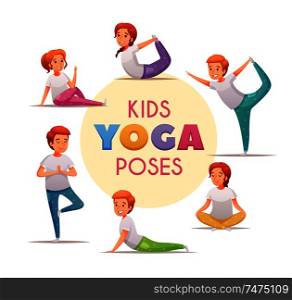 Kids yoga concept with yoga poses for boys and girls symbols cartoon vector illustration