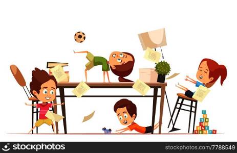 Kids yoga design concept with group of funny cute children playing in games room flat vector illustration. Kids Yoga Design Concept