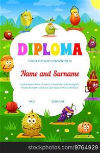 Kids yoga diploma with cartoon tropical fruit characters, education certificate. Kindergarten or school diploma with funny grape, tangerine and papaya, carambola and melon, passion fruit, figs on yoga. Kids yoga diploma with cartoon tropical fruits
