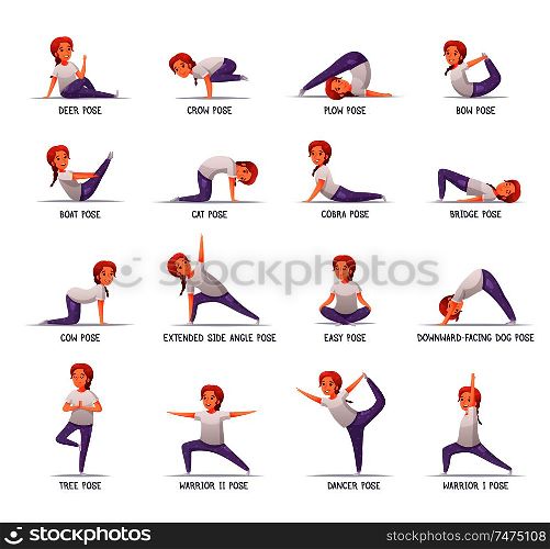 Kids yoga girl icons set with sports symbols cartoon isolated vector illustration