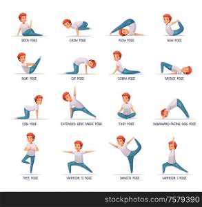 Kids yoga icons set with poses symbols cartoon isolated vector illustration