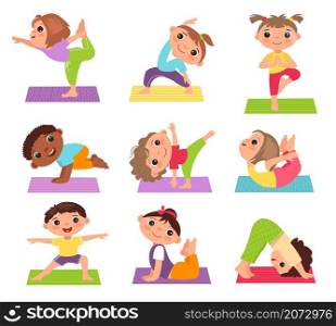 Kids yoga. Little children in stretching poses, sport and health, fitness and meditation, cute girls and boys in different poses, young athletes healthy lifestyle, vector cartoon flat isolated set. Kids yoga. Little children in stretching poses, sport and health, fitness and meditation, cute girls and boys in different poses vector cartoon flat isolated set