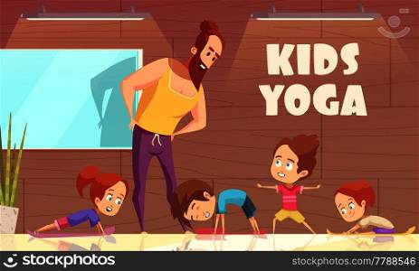 Kids yoga training vector illustration with learning instructor and children in different sport poses flat cartoon vector illustration . Kids Yoga Training Vector Illustration